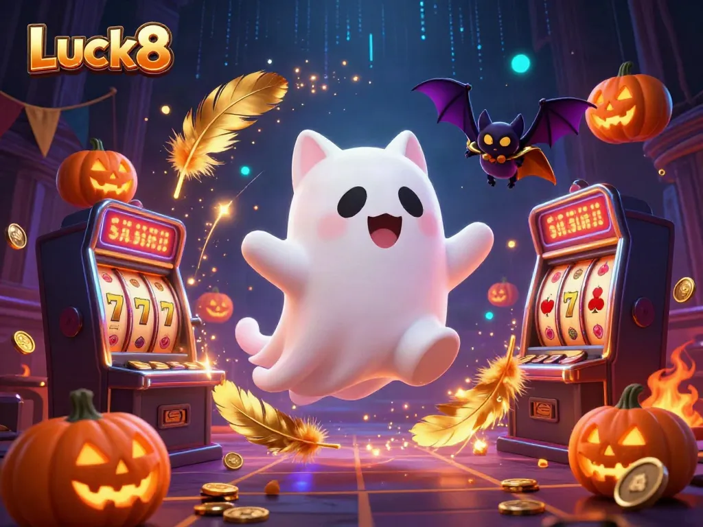 Experience the thrilling atmosphere of Luck8 with a playful ghost cat and bat in a haunted casino, surrounded by colorful slot game elements.