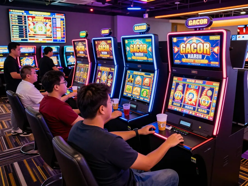 Pemain yang terlibat menikmati slot gacor hari ini di ruang permainan yang meriah dengan layar terang dan suasana yang hidup.