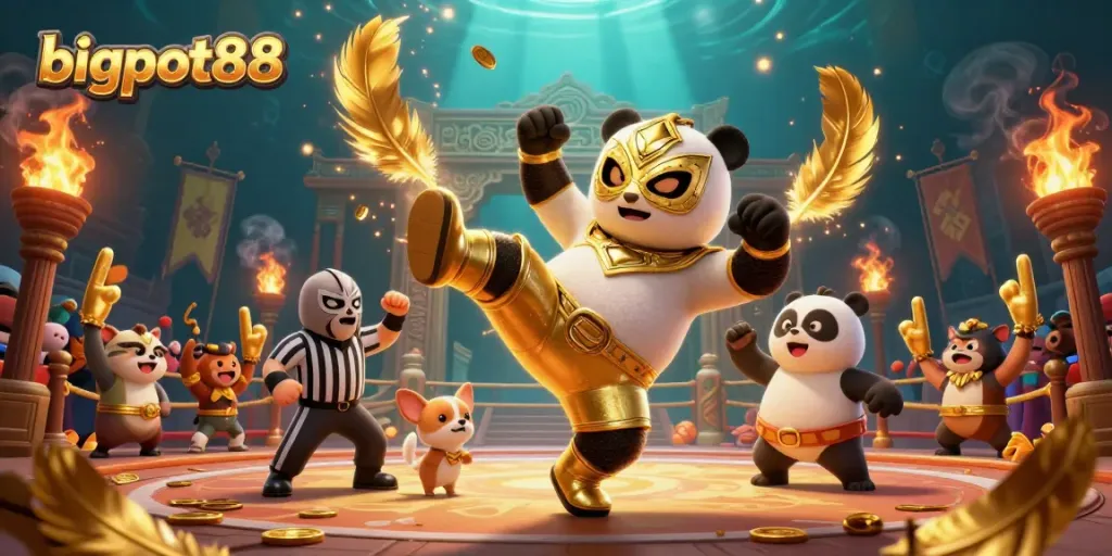 Menangkan permainan kasino di bigpot88 dengan karakter panda dan spektakuler arena pertarungan penuh warna.