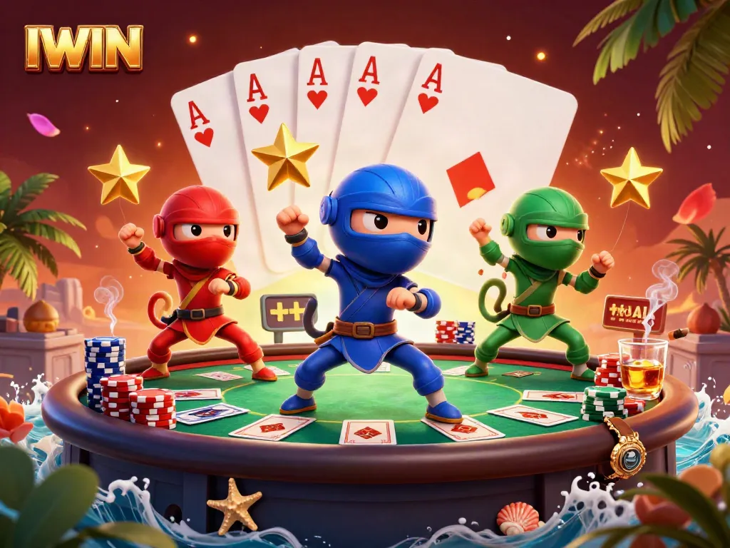 IWIN chameleon ninjas engage in thrilling poker action on a vibrant rooftop scene.