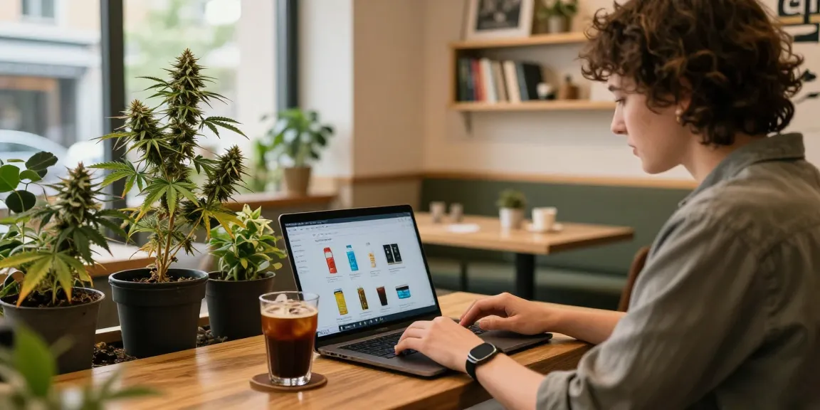Where Can I Buy Marijuana Online Europe? A person shopping for cannabis online in a cozy café, showcasing a vibrant urban atmosphere.