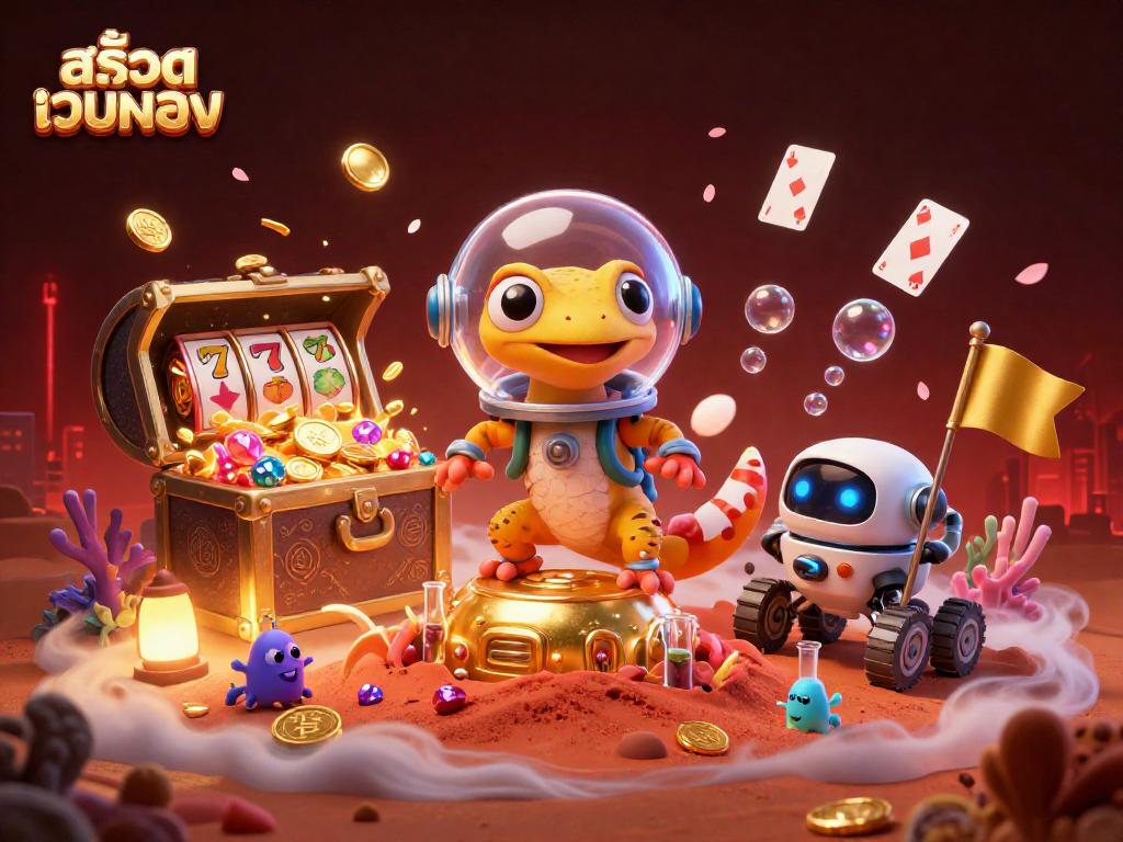 Experience thrilling สล็อตเว็บตรง gameplay with a Martian gecko uncovering a hidden golden casino amidst glowing treasures.