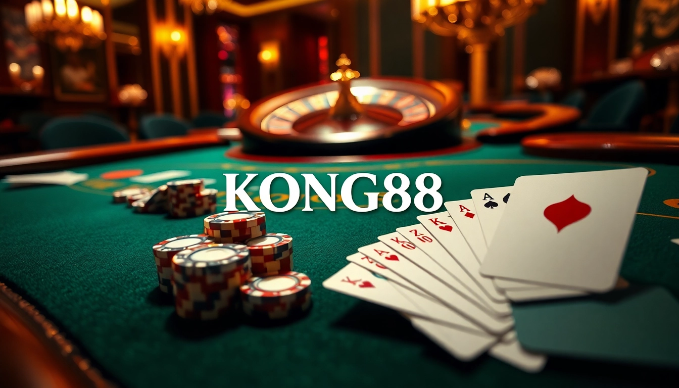 KONG88 poker table scene with vibrant chips and exciting gameplay atmosphere.