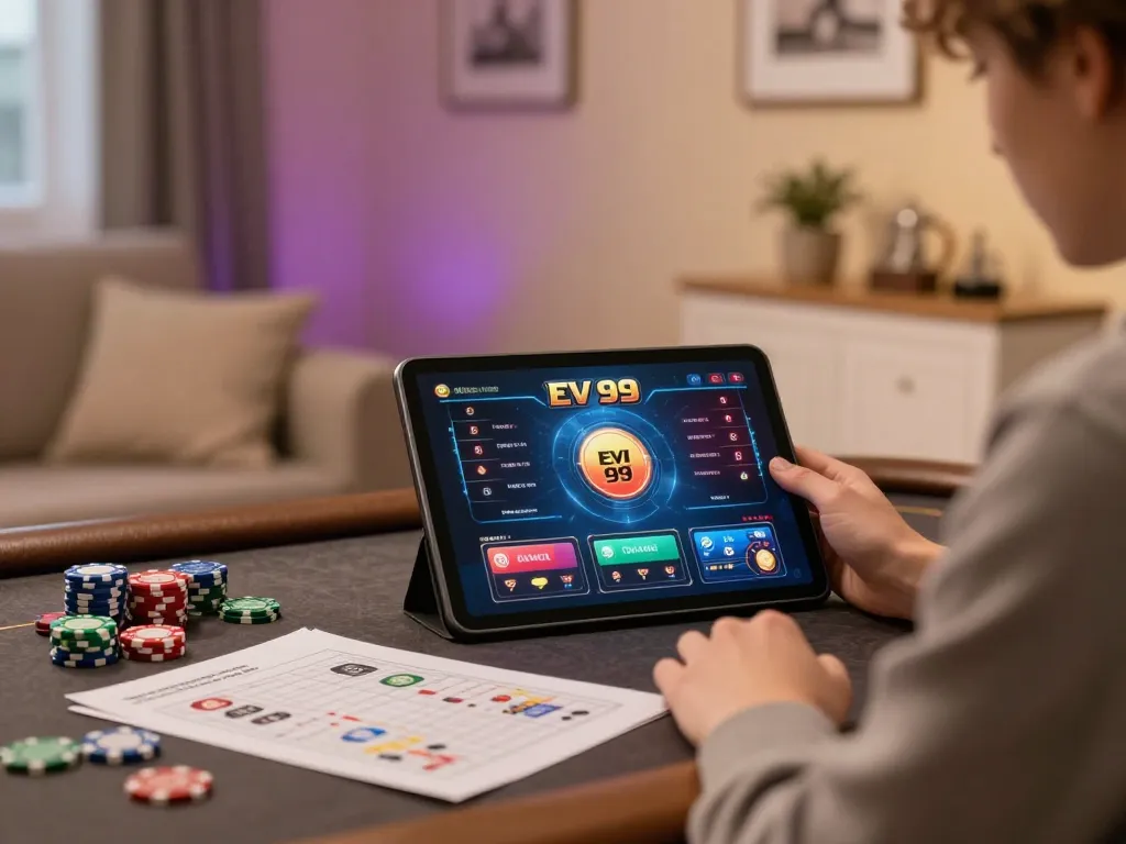 Engaging with EV 99 casino online interface during a cozy home gaming session.
