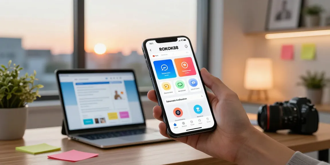 Dynamic user exploring rokok88 app features in a modern home office.