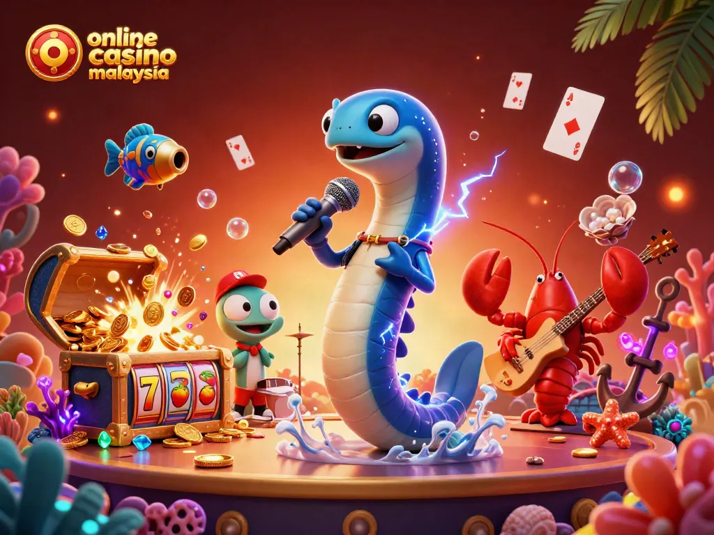 Experience the vibrant energy of an online casino malaysia scene featuring a DJ eel, lobster drummer, and seahorse guitarist.