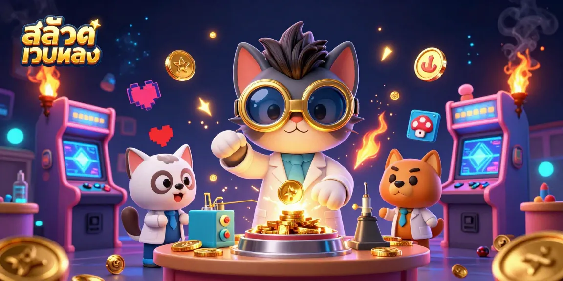 Play สล็อตเว็บตรง with the cartoon mad scientist cat and dog in a dynamic 3D casino scene.