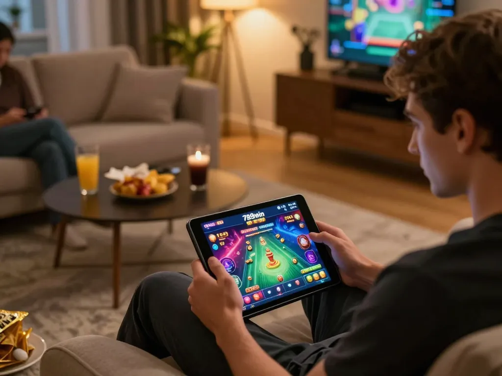 Engaged player using 789win app on tablet, enjoying strategic online gaming in a cozy home setting
