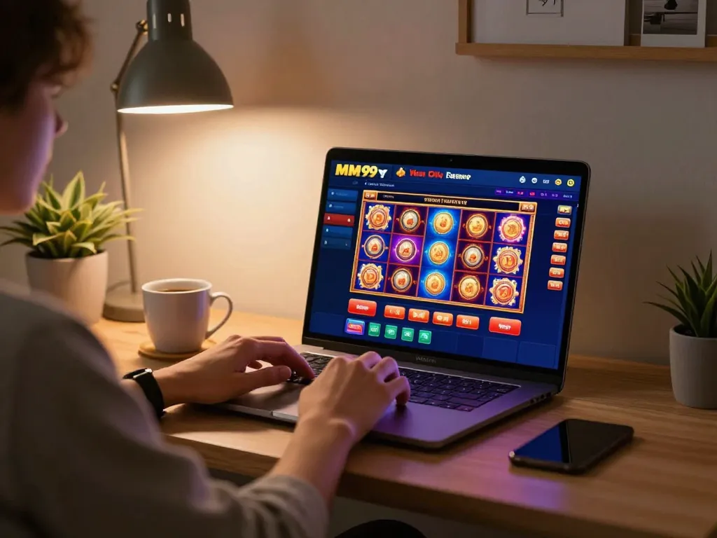 Engaging player enjoying MM99 online casino game on a modern laptop in a cozy home environment