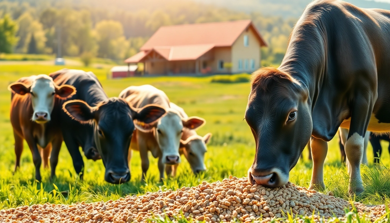 Cattle Feed being consumed by healthy livestock in a lush pasture environment.