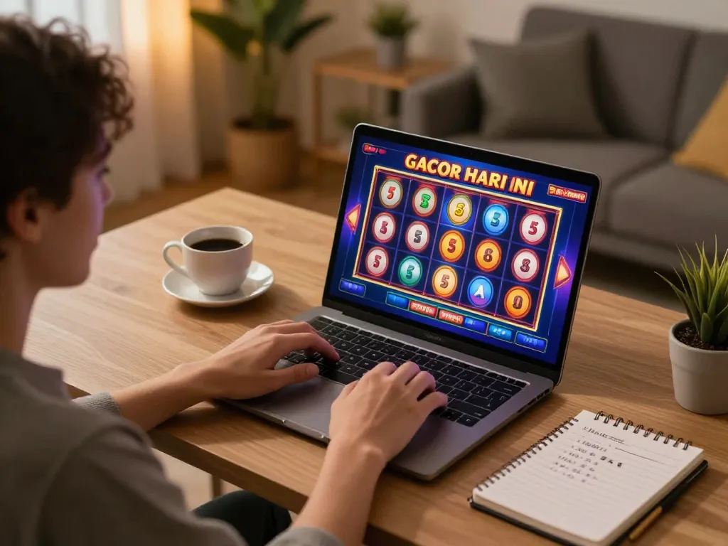 Engaging in slot gacor hari ini gameplay on a laptop, showcasing colorful online casino graphics and a relaxed home environment.