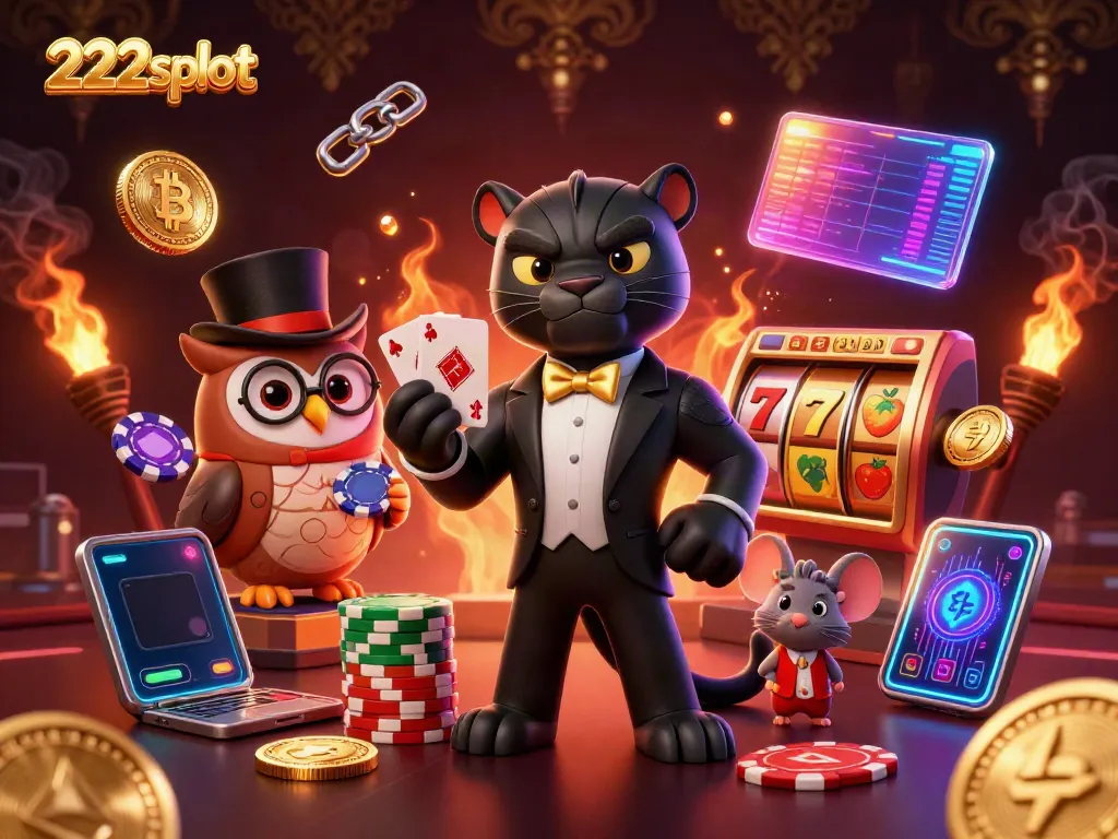 Visualisasi permainan menarik di 222slot dengan karakter kartun dan elemen kasino yang dinamis.