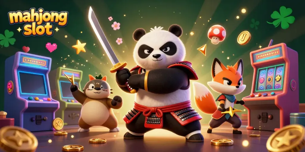 Experience the excitement of a mahjong slot featuring a dynamic scene with a samurai panda, ninja fox, and spirit tanuki in a vibrant casino setting.