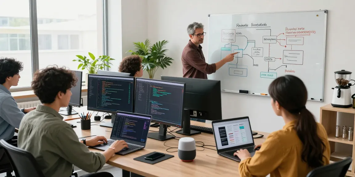 Team of developers discussing reseller hosting ilimitado solutions in a modern workspace with tech tools and a creative atmosphere.