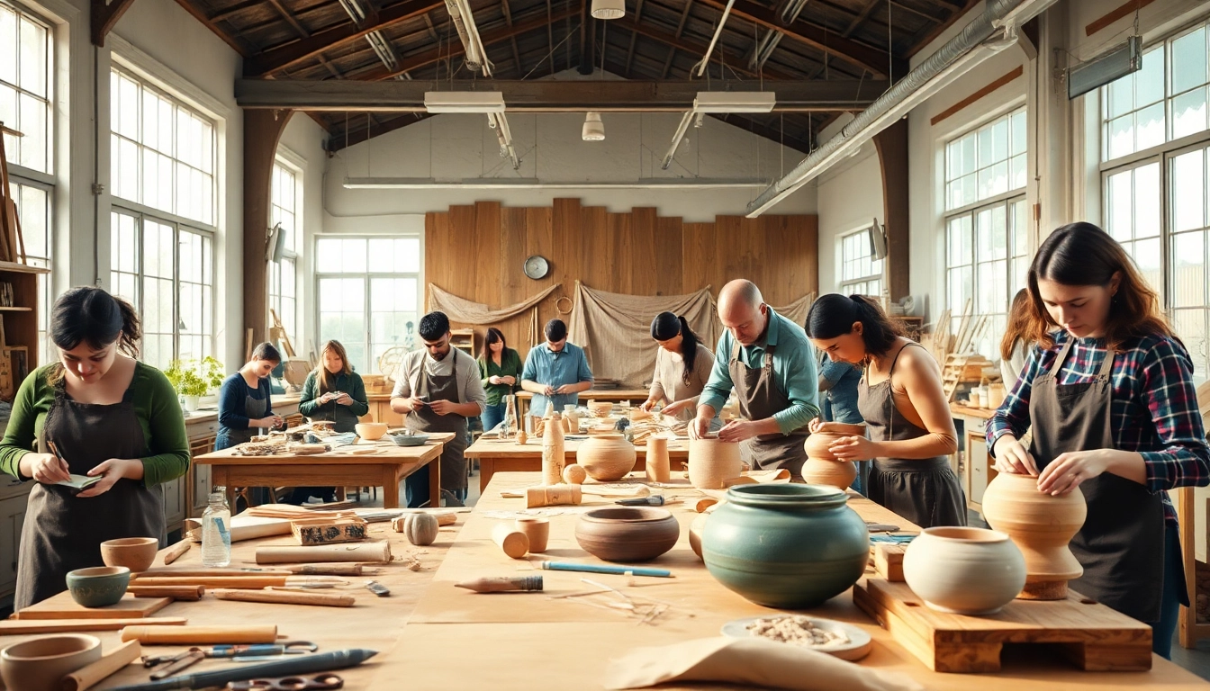 Hands-on craft training programs showcasing diverse artisans in a vibrant workshop setting.
