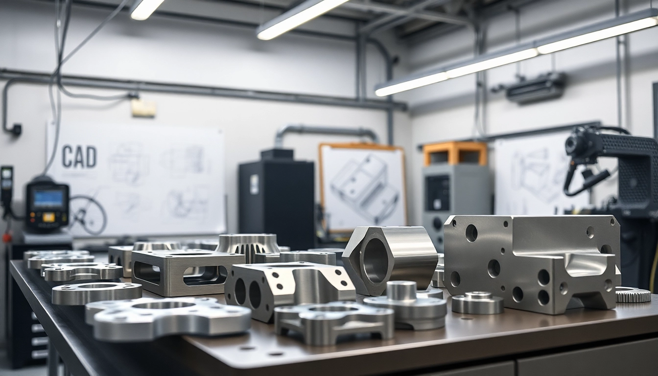 Showcasing aluminum prototypes in a precision machining workshop with intricate designs.