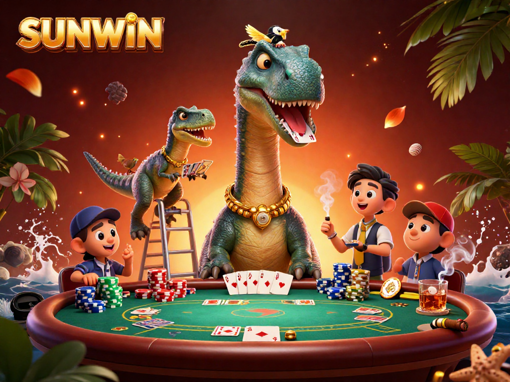 SUNWIN features a tall brontosaurus peering over a vibrant poker table, creating an engaging casino scene.