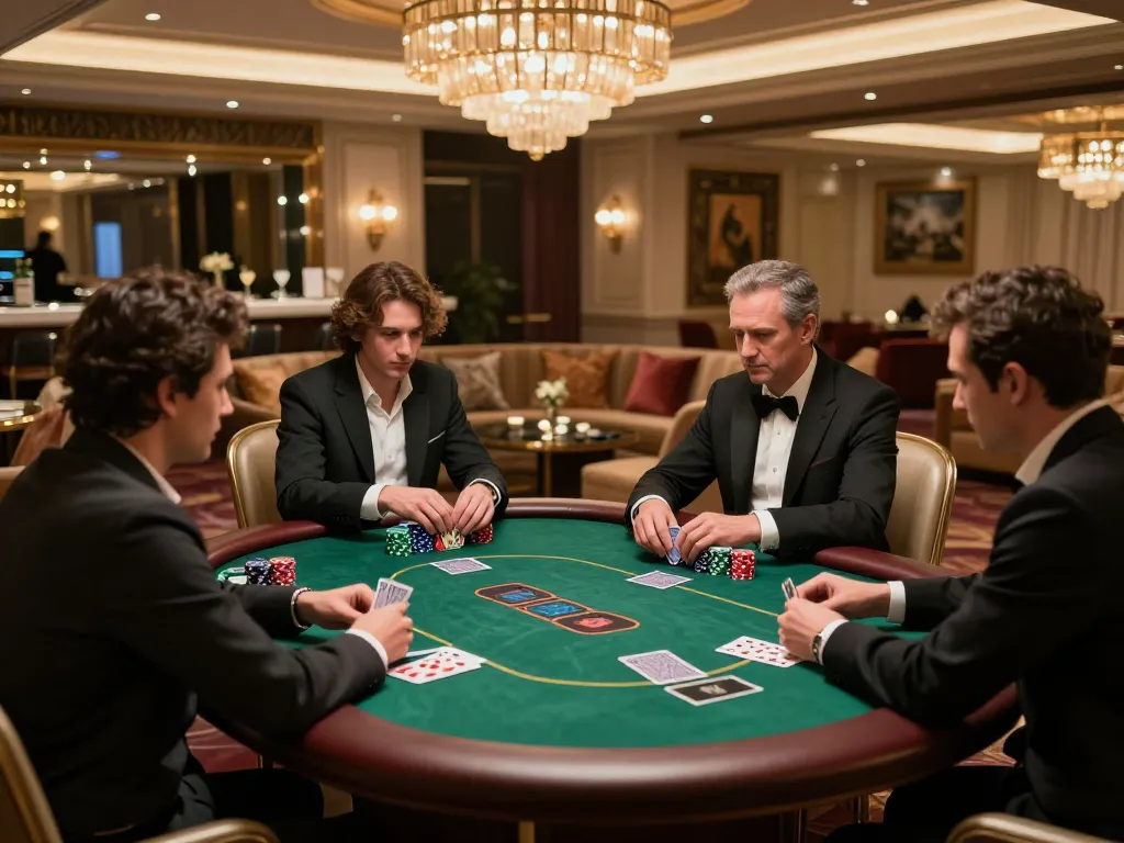 Players strategizing at the exclusive g28-t1 poker table in a luxurious casino.