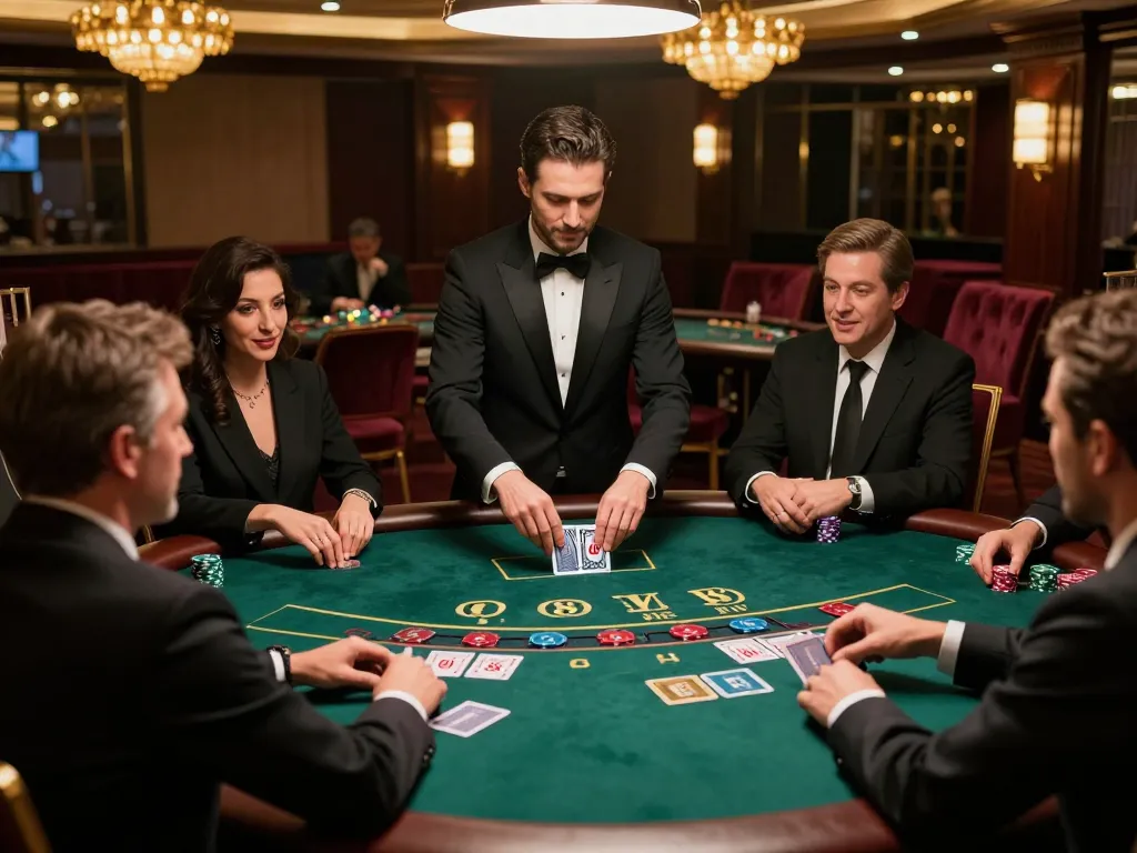 Excited players at O8 casino's blackjack table, betting in a luxurious setting.