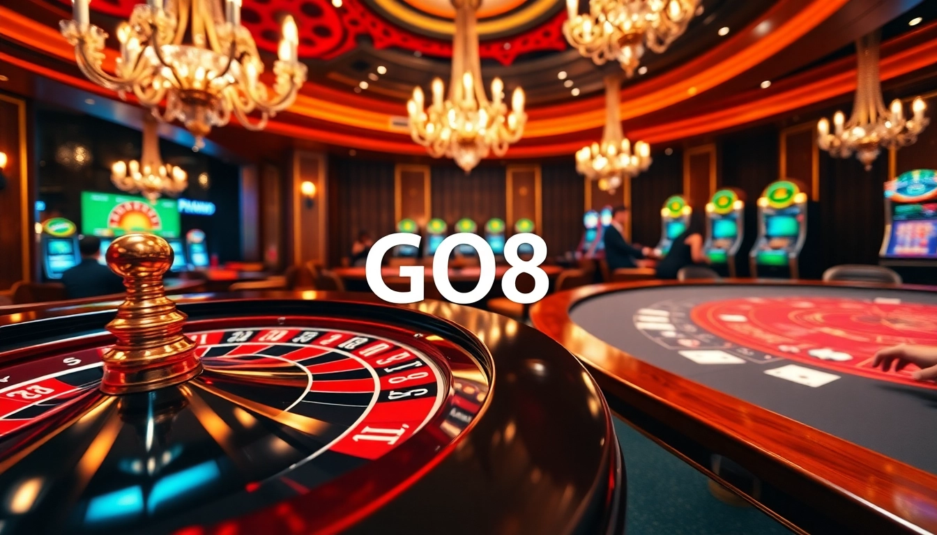 The GO8 casino scene featuring roulette, blackjack, and vibrant poker chips in a luxurious setting.