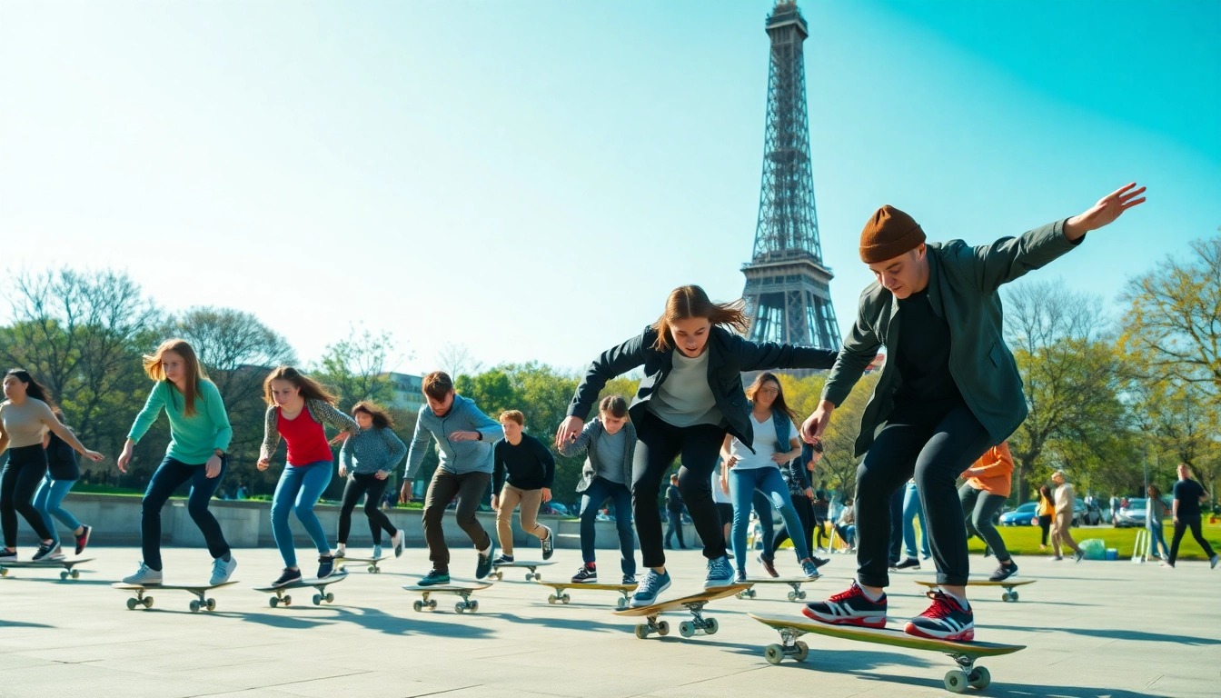 Energetic skaters participating in a skate class in Paris, showcasing diverse skills and tricks.