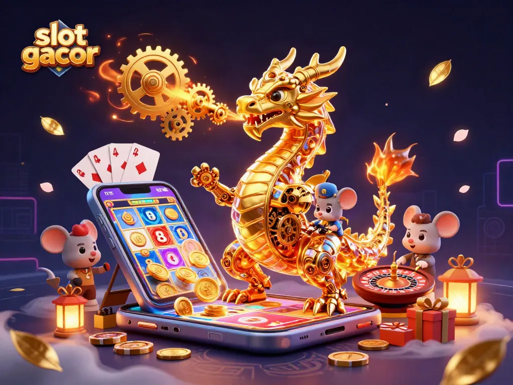 Experience the thrill of slot gacor with a golden dragon and dynamic casino elements in 3D art.