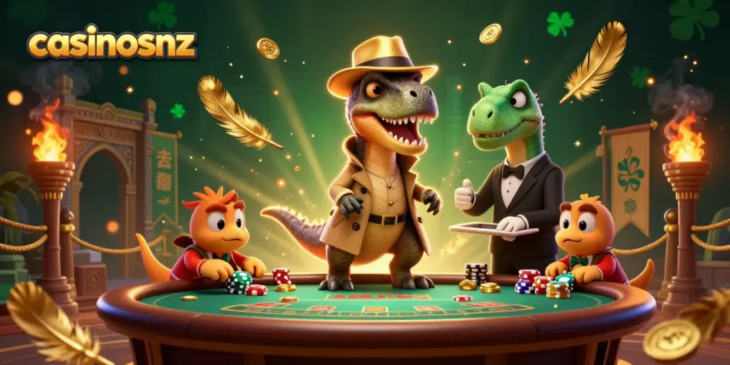 Engage in thrilling games at casinosnz featuring a cartoon velociraptor at a blackjack table amidst golden tokens.