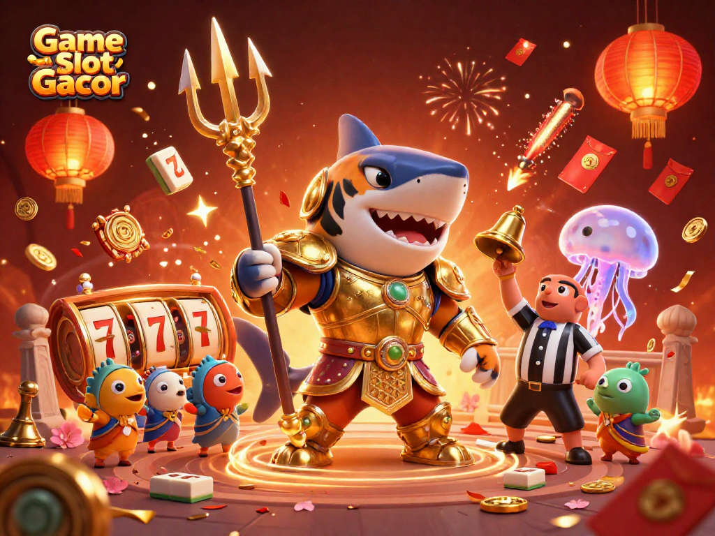 Engage in Game Slot Gacor with a dynamic underwater scene featuring a golden gladiator shark.