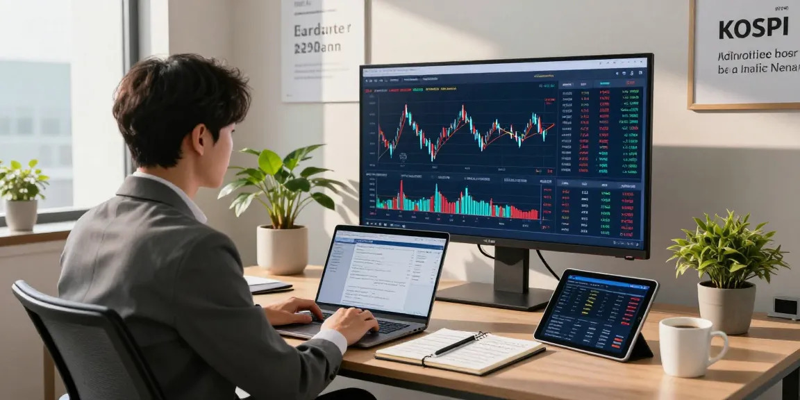 Financial analyst analyzing KOSPI index data in a modern office setting.