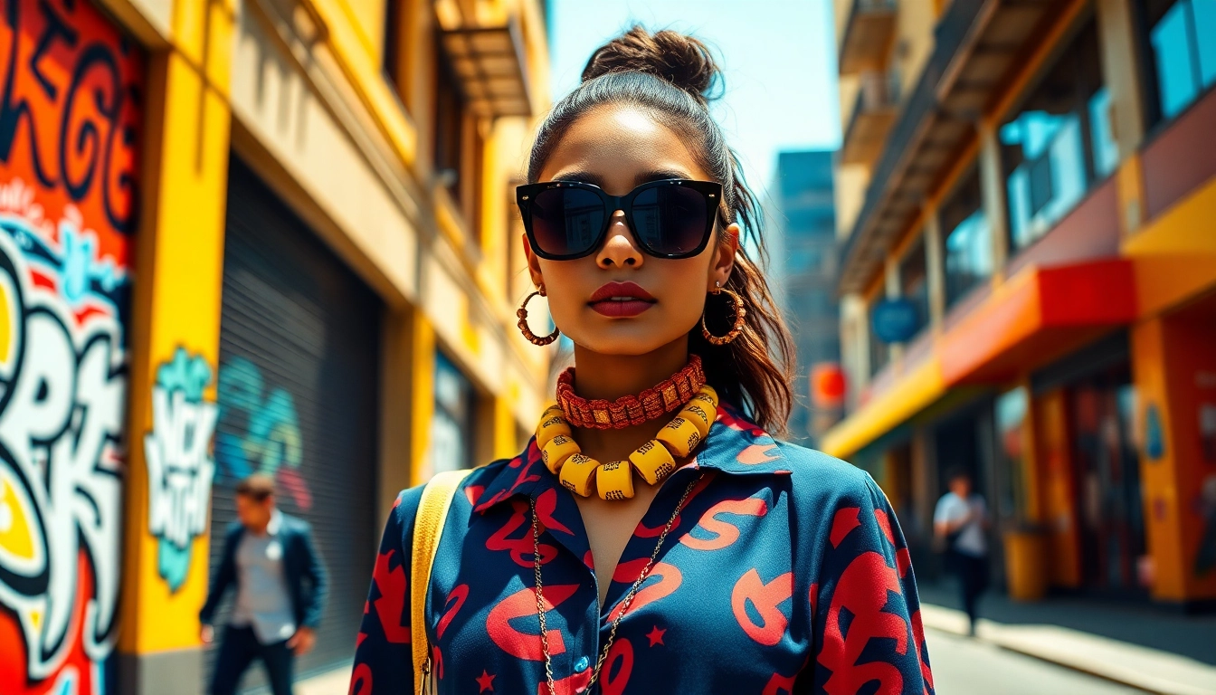 Showcasing trendy fashion styles at https://www.northernfashions.com with a vibrant urban backdrop.