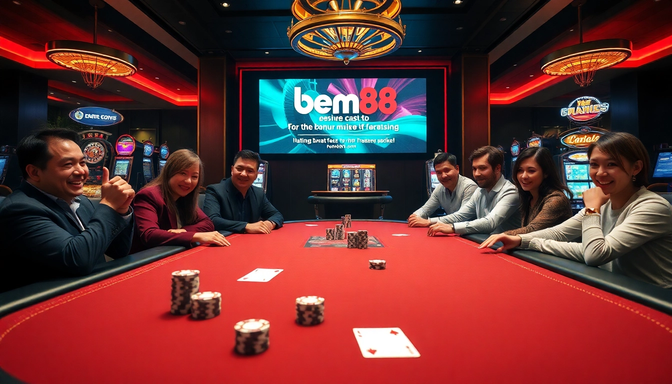 Experience the excitement of professional gambling with https://bem88.com, featuring a poker table and vibrant casino atmosphere.