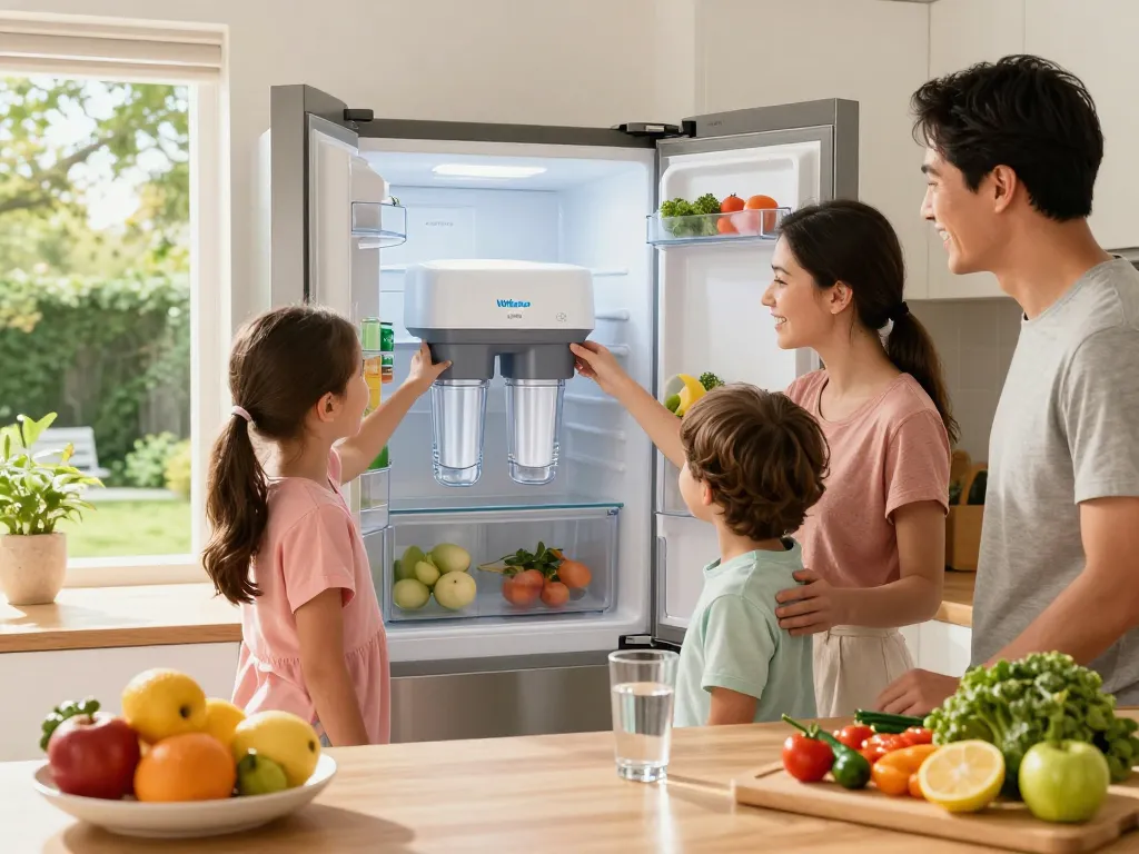 Family exploring the Waterdrop UKF8001 Refrigerator Water Filter 4 in a modern kitchen, emphasizing health and freshness.