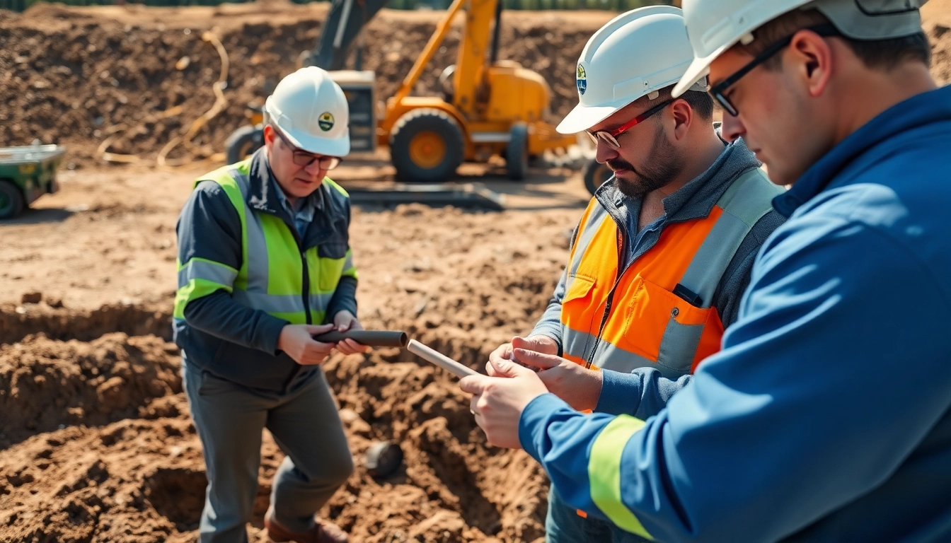 Engineers performing construction assessment testing at a construction site, analyzing soil samples.