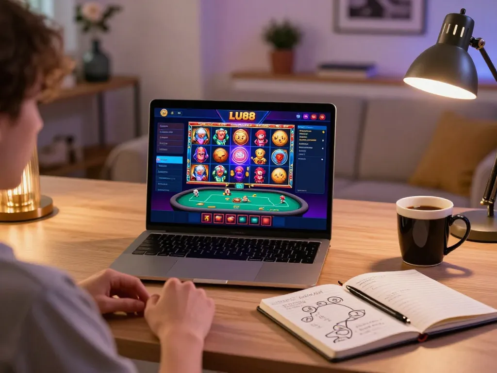 Engaging online gaming experience at LU88 with colorful slot games and strategic betting notes.