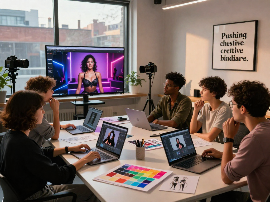 Collaborative creative team working on innovative AI porn visuals in vibrant studio.