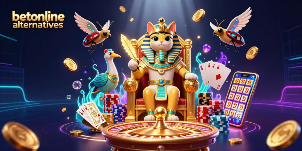 Engage with betonline alternatives through a lively casino scene featuring animated characters and game elements.