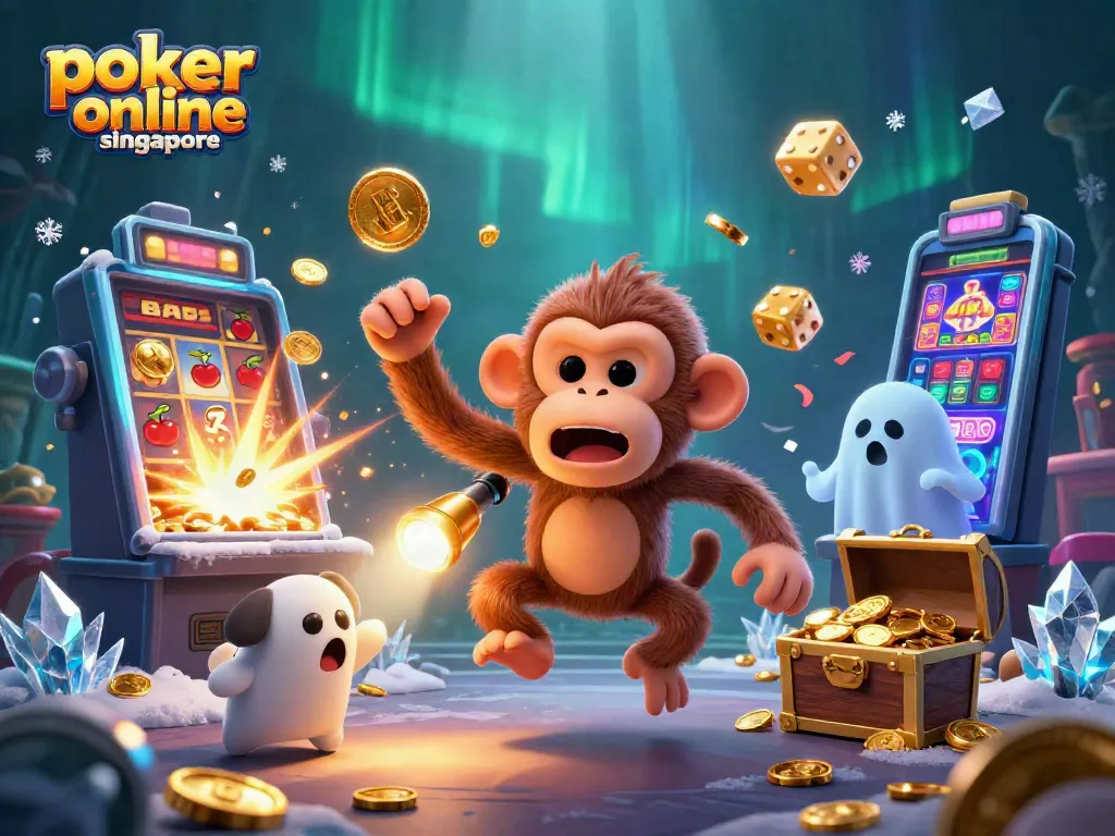 Experience poker online singapore with whimsical characters navigating a vibrant casino.