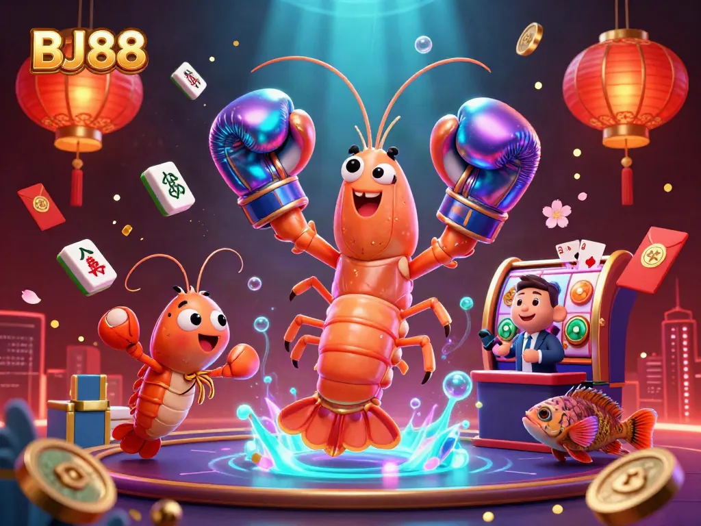 BJ88 showcases lively gambling action with cartoon characters, slots, and Mahjong elements in vibrant colors.