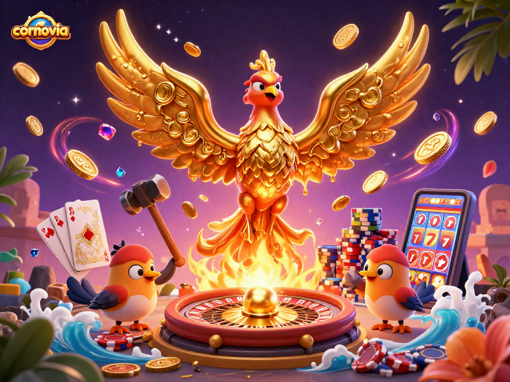 Experience thrilling gaming at cornovia with a dazzling 3D casino scene filled with golden wins and excitement.