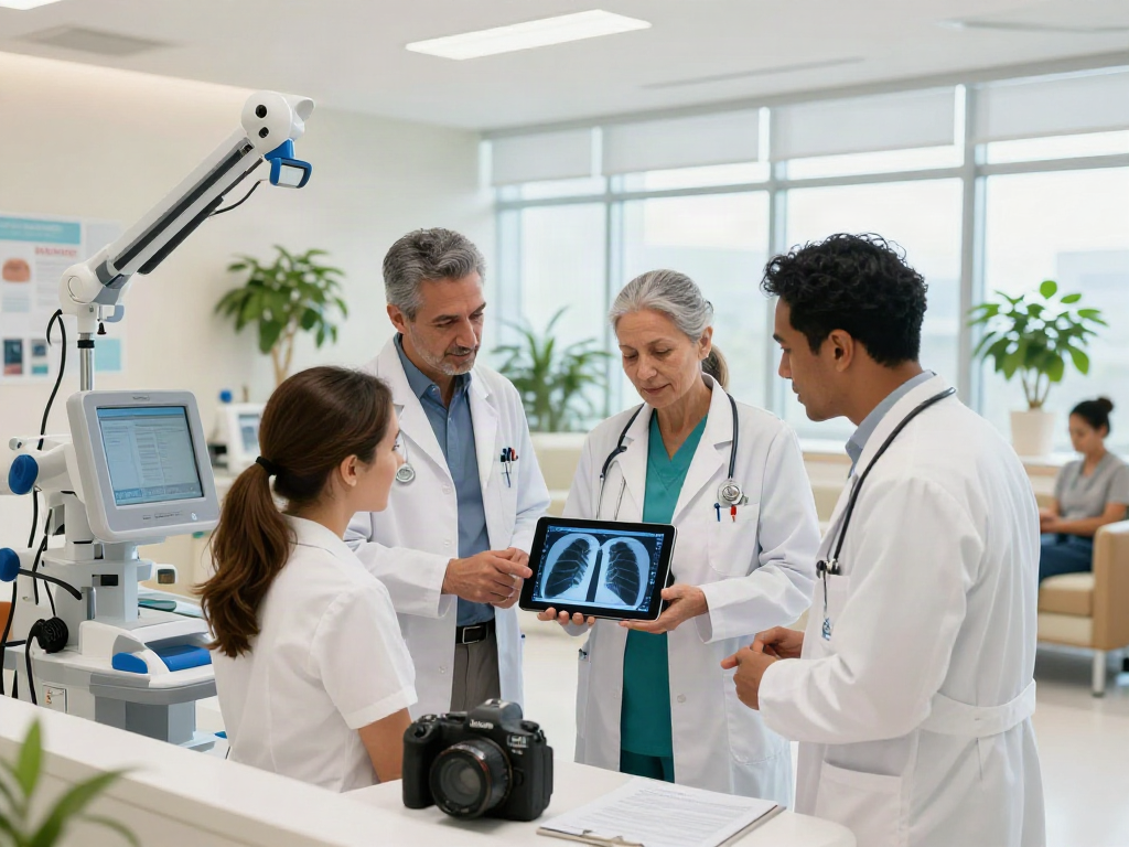 Lung cancer treatment UAE strategies being discussed by healthcare professionals in modern medical facility.