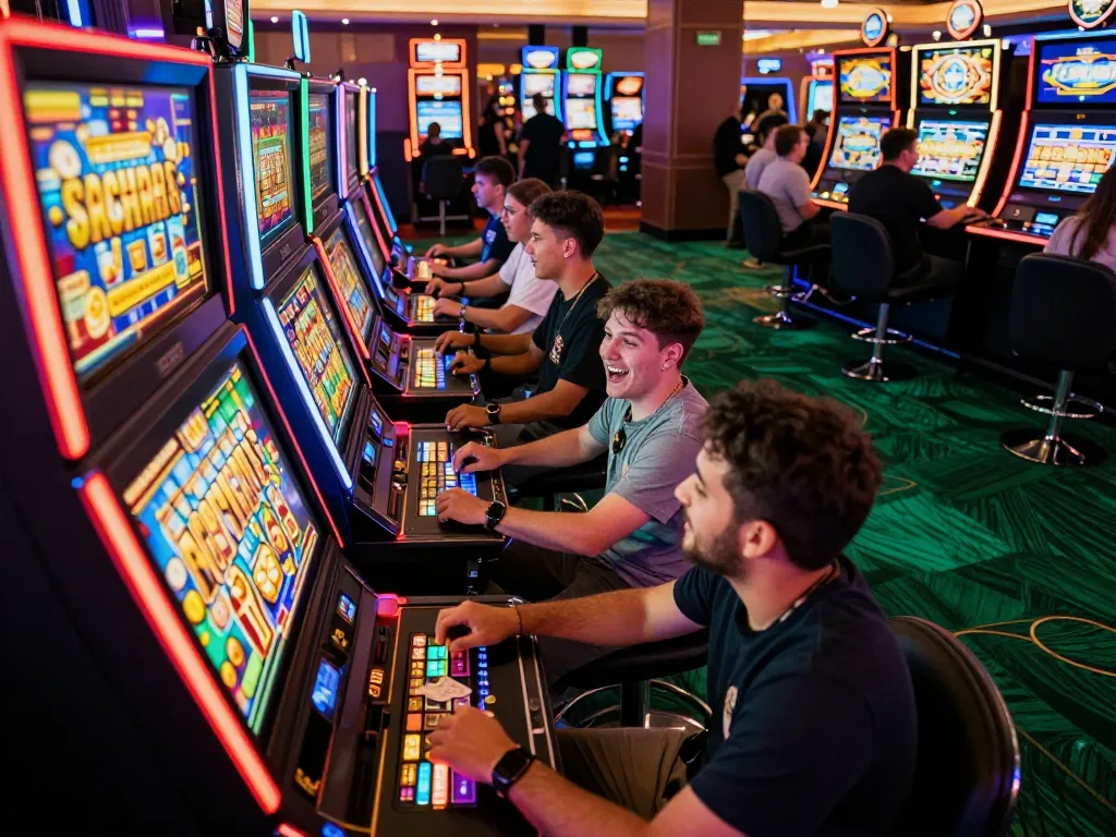 Engaging players spin slot machines with excitement in a lively casino setting