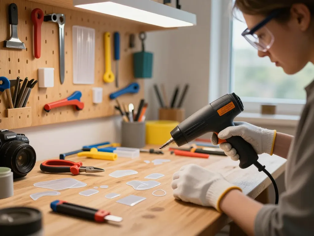 Step-by-step guide on cách gỡ miếng ép plastic tại nhà using a heat gun and tools in a bright workshop environment.