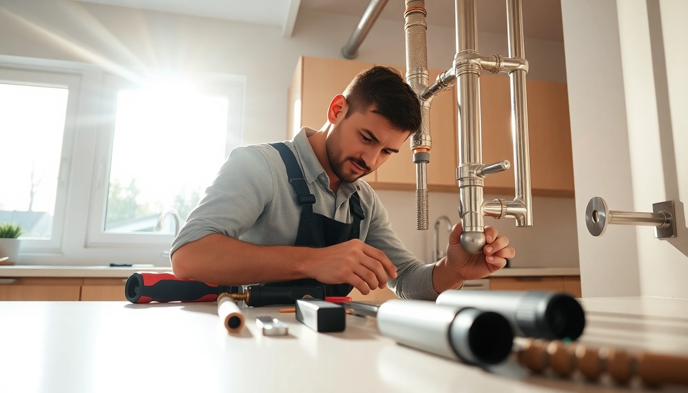 North Shore plumbing expert efficiently installing pipes in a modern kitchen.
