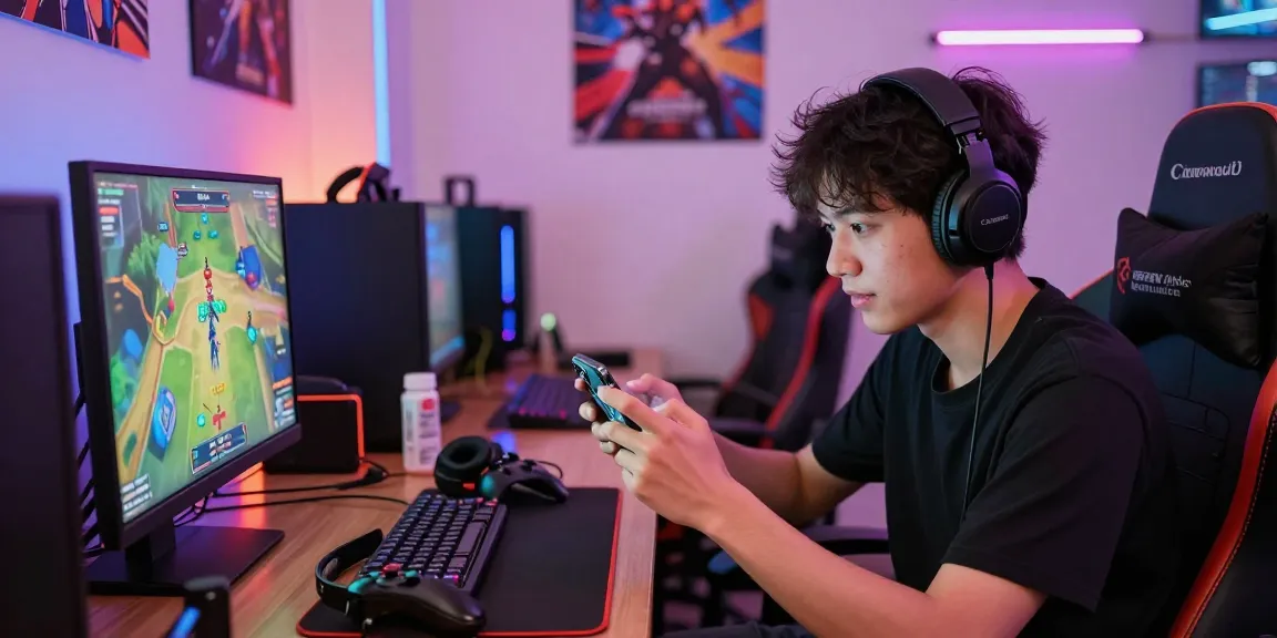 Exciting gaming atmosphere with young adult playing MOD APK games on smartphone, vibrant colors, and accessories.