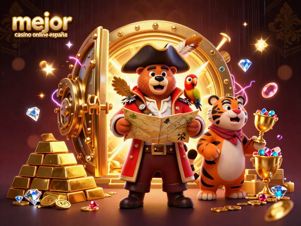 Juega en el mejor casino online España con aventuras y tesoros en esta ilustración vibrante.