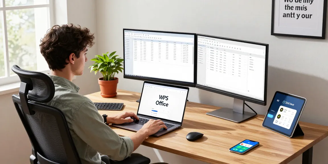 Download WPS Office on a modern workspace with dual monitors and tech gadgets in a bright home office.