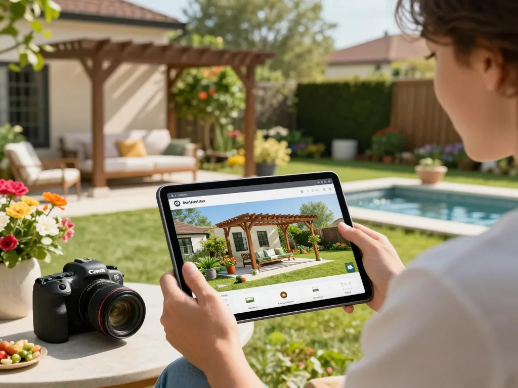 Engaging with a 3D pergola configurator in a beautiful garden.
