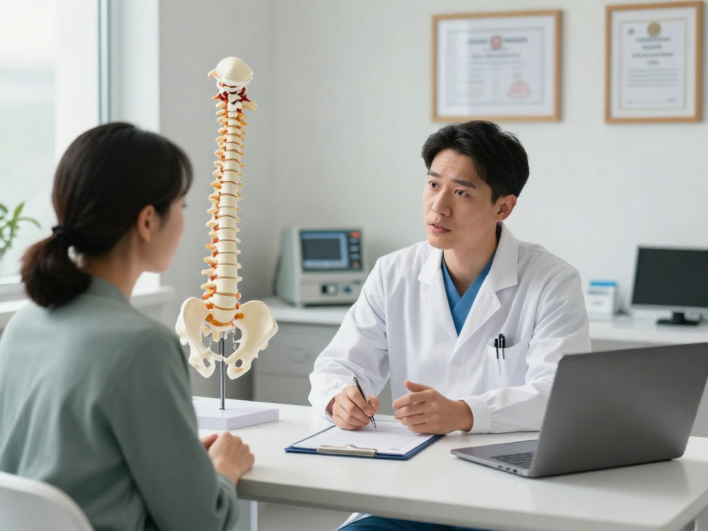 Bel fıtığı ameliyatı consultation with a surgeon discussing treatment options in a modern clinic setting.