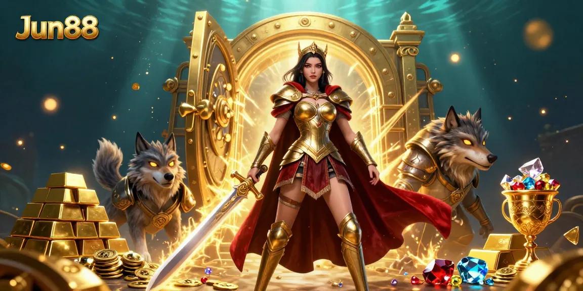 Experience the thrill of Jun88 online gaming with a warrior queen, treasure, and casino elements.