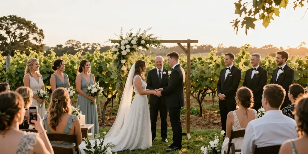 Hunter Valley wedding photography capturing a couple's joyful vows amidst a vineyard, surrounded by loved ones.